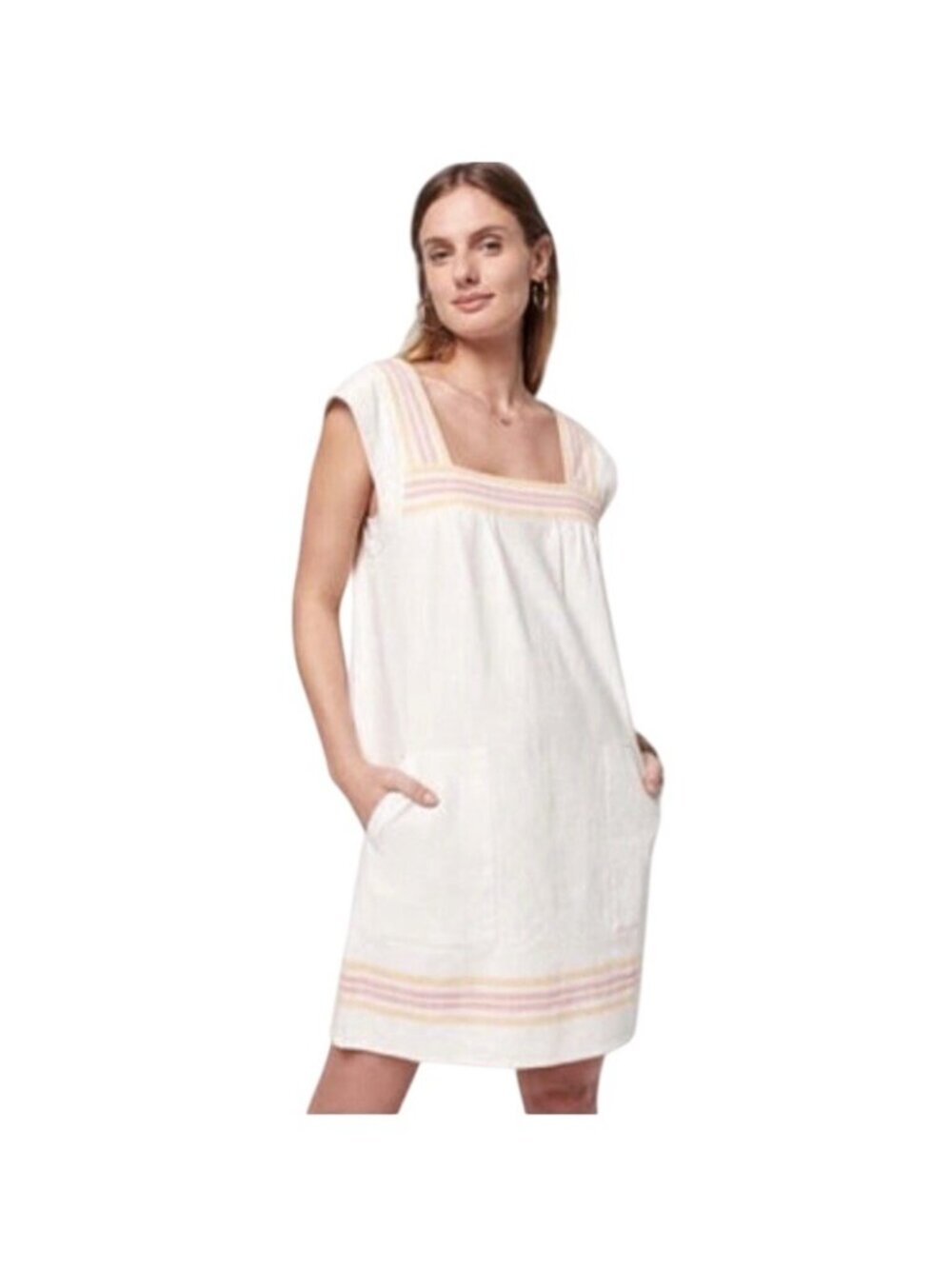 Faherty Apres Soleil Stripe Hailee Dress Women’s Sz L Organic Cotton White Beach